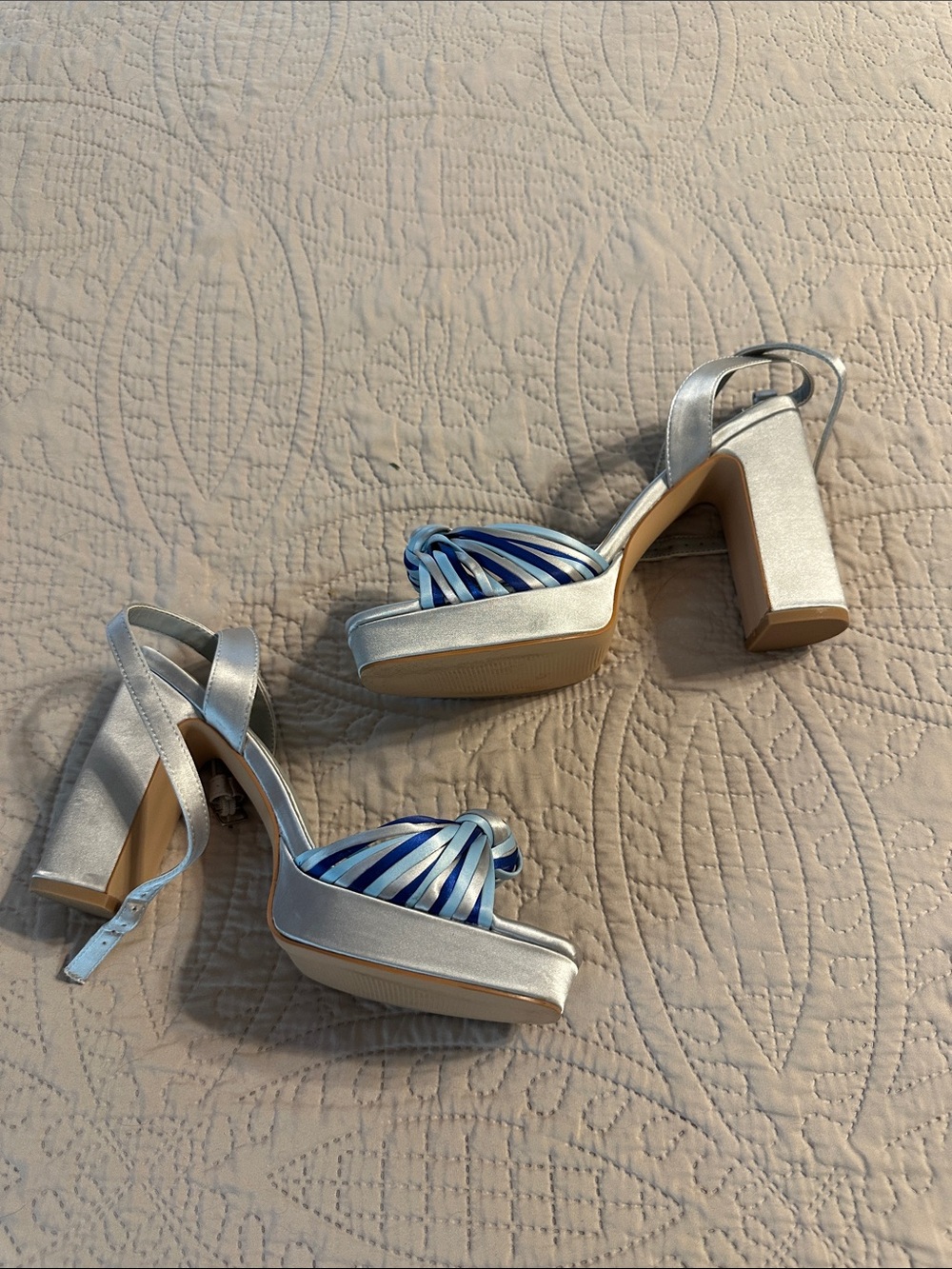 Metallic Silver Platform Sandals with Blue Striped Straps